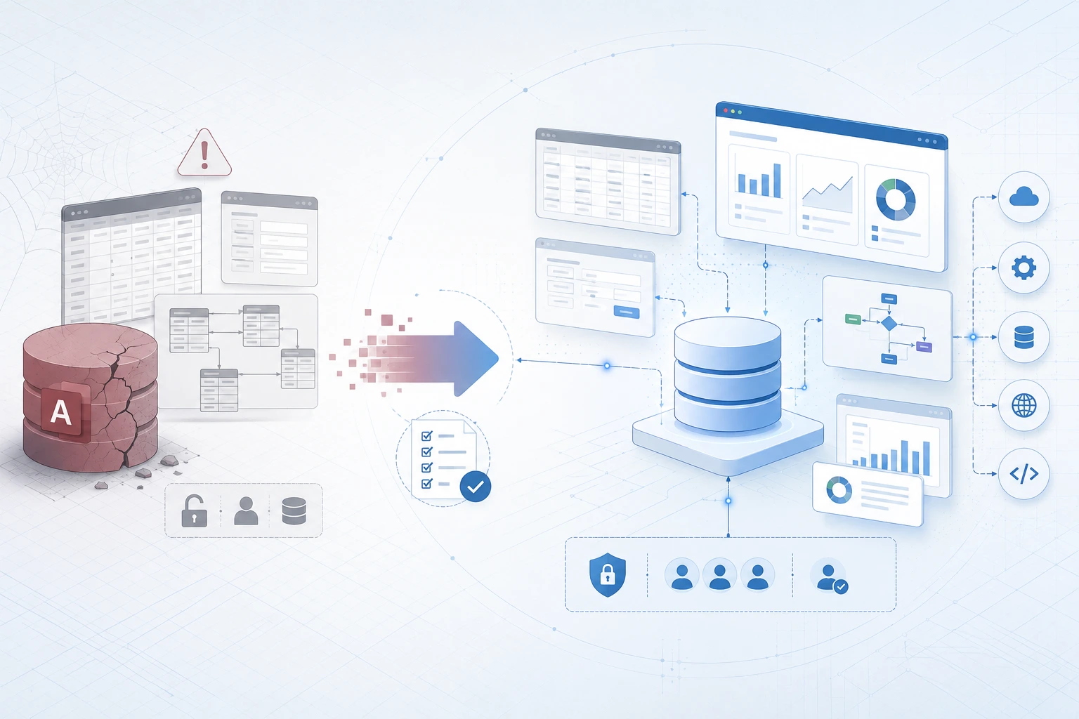 Blueprint-style diagram showing an Access database being assessed, modernised and replaced with connected business software, dashboards and integrations