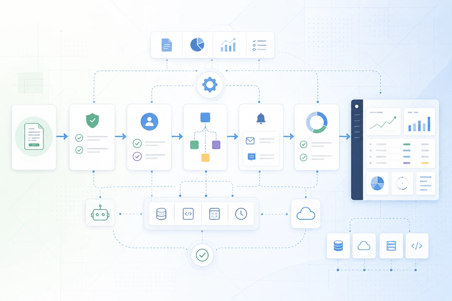 Blueprint-style diagram showing automated workflows, approval steps, notifications, dashboards and connected business systems