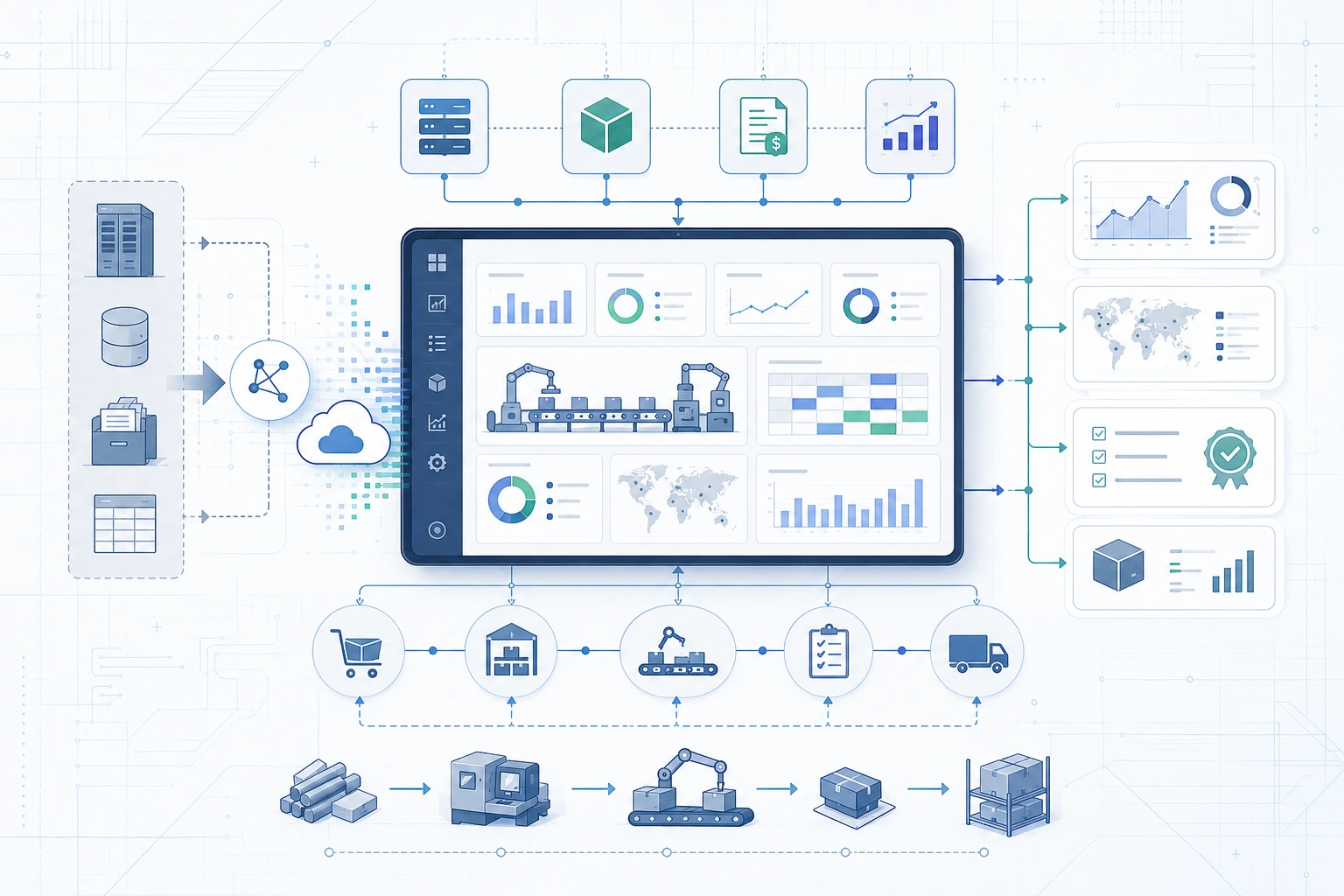 Blueprint-style diagram showing manufacturing digital transformation, connected systems, data flows, dashboards and operational workflows