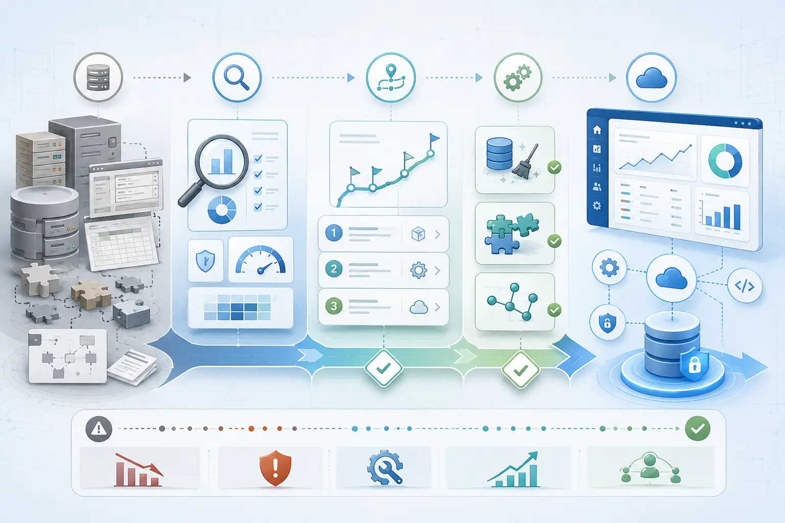 Blueprint-style diagram showing legacy systems being assessed, stabilised, integrated and modernised into reliable business software