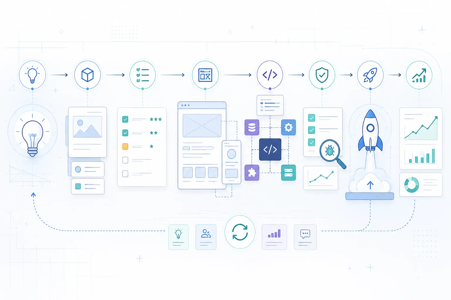 Blueprint-style diagram showing MVP development, product roadmap, user validation, software build, launch and startup growth workflows