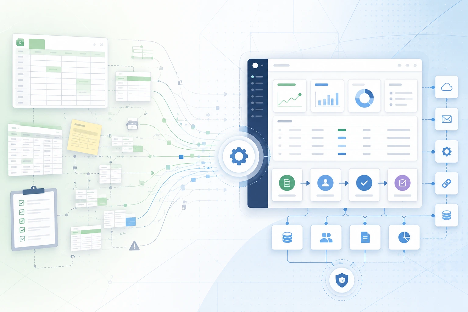 Light blueprint-style diagram showing spreadsheets being transformed into connected workflows, dashboards and business software modules